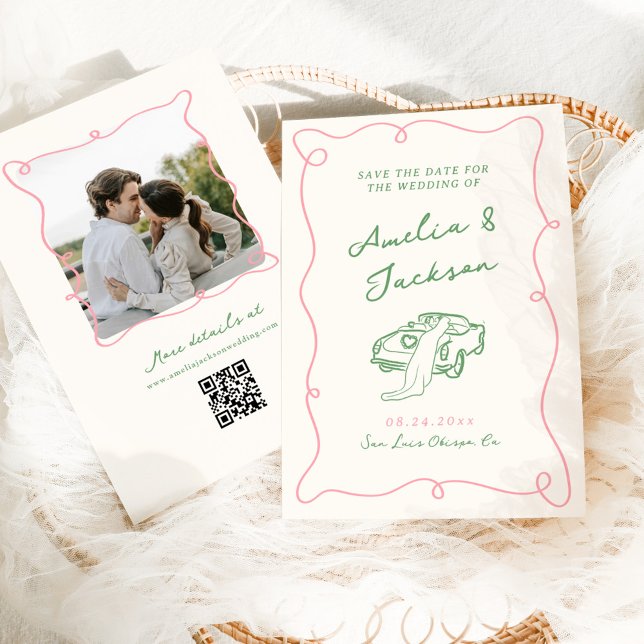 Whimsical Hand Drawn Pink & Green Save the Date Invitation (Creator Uploaded)