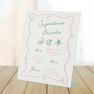 Whimsical Hand Drawn Pink & Green Signature Drinks Pedestal Sign
