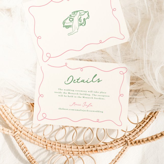 Whimsical Hand Drawn Pink & Green Wedding Details Invitation (Creator Uploaded)