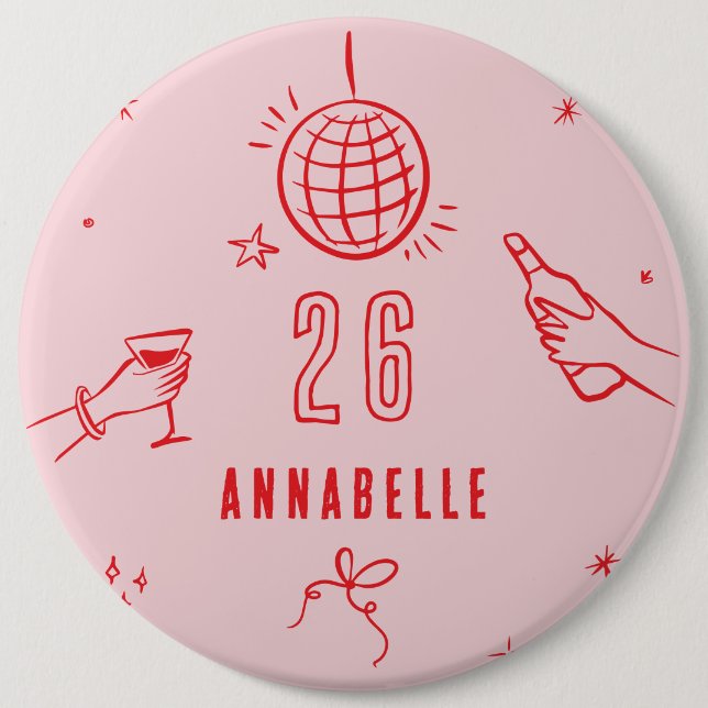 whimsical hand drawn pink red birthday drinks 6 cm round badge (Front)