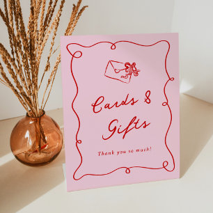 Whimsical Hand Drawn Pink & Red Cards & Gifts Pedestal Sign