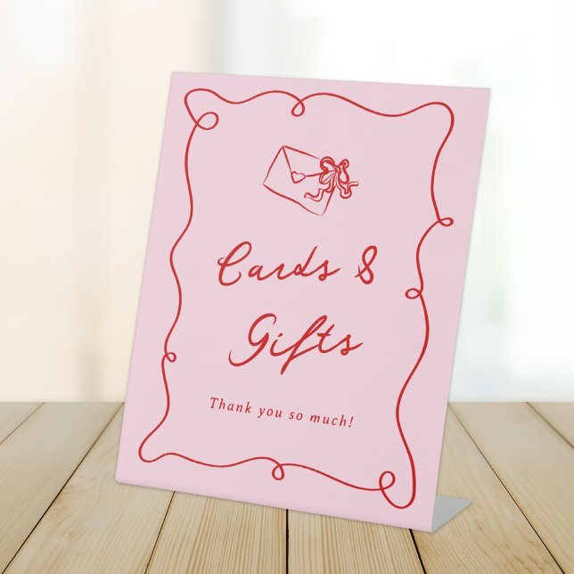Whimsical Hand Drawn Pink & Red Cards & Gifts Pedestal Sign (Creator Uploaded)