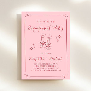 Whimsical Hand Drawn Pink Red Engagement Party Invitation
