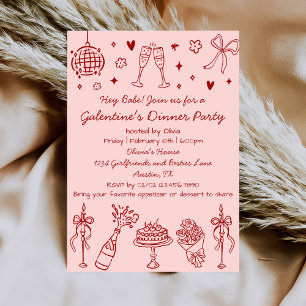 Whimsical Hand Drawn Pink Red Galentines Day Party Invitation