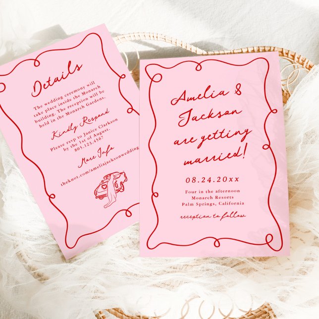 Whimsical Hand Drawn Pink & Red Wedding + Details Invitation (Creator Uploaded)