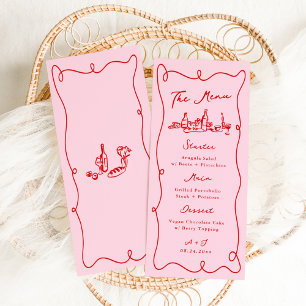Whimsical Hand Drawn Pink & Red Wedding Menu