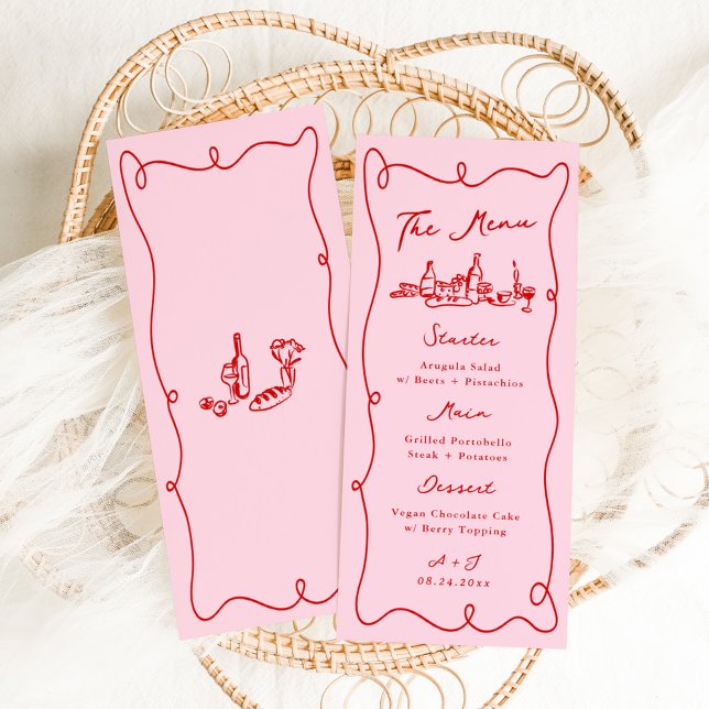 Whimsical Hand Drawn Pink & Red Wedding Menu (Creator Uploaded)