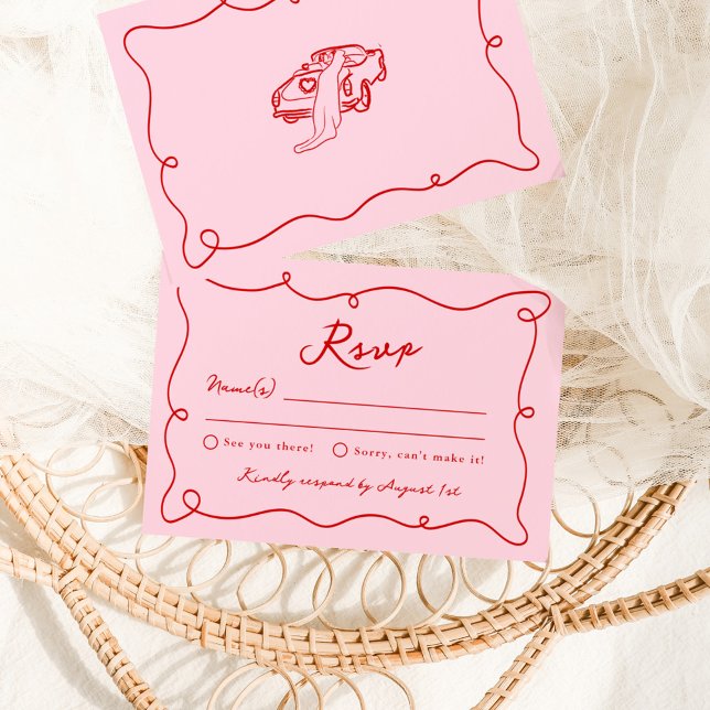 Whimsical Hand Drawn Pink & Red Wedding RSVP Invitation (Creator Uploaded)
