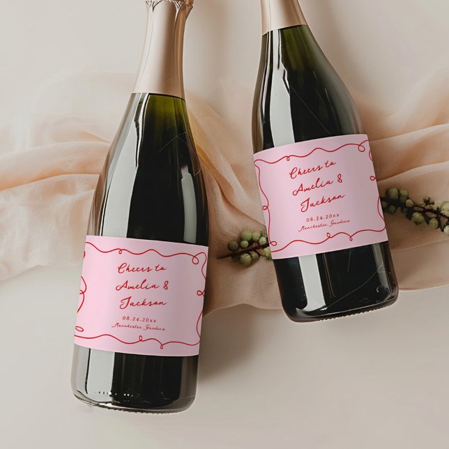 Whimsical Hand Drawn Pink & Red Wedding Sparkling Wine Label (Creator Uploaded)