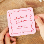 Whimsical Hand Drawn Pink & Red Wedding Square Paper Coaster<br><div class="desc">This adorable design features hand drawn elements and a whimsical bold text.</div>