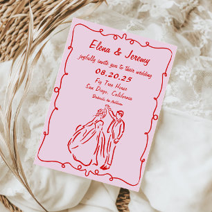 Whimsical Hand Drawn Pink Wedding Invitation