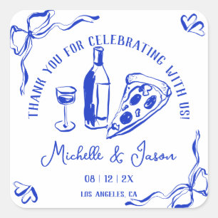 Whimsical Hand Drawn Pizza French Bow Thank You Square Sticker