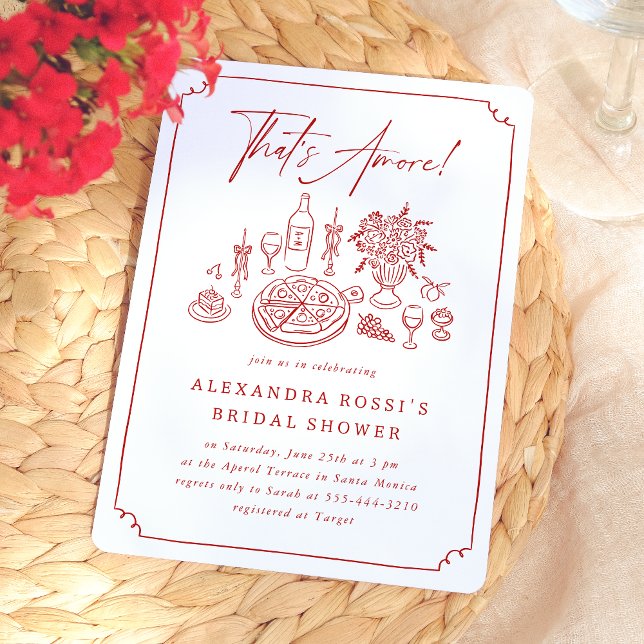 Whimsical Hand Drawn Pizza & Wine Bridal Shower Invitation (Card Front Mock-up)