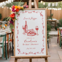 Whimsical Hand Drawn Pizza Wine Bridal Shower Sign