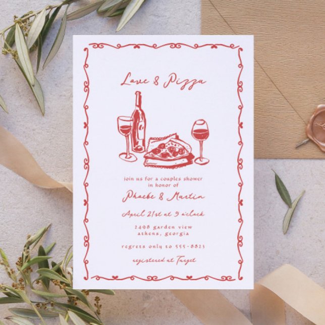 Whimsical Hand Drawn Pizza Wine Couples Shower Invitation (Creator Uploaded)