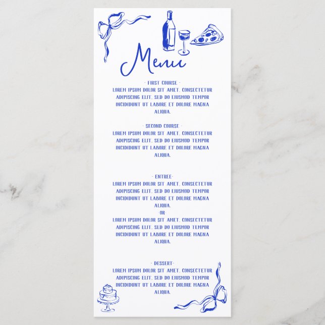 Whimsical Hand Drawn Pizza & Wine French Blue Menu (Front)
