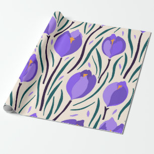 Whimsical Hand-Drawn Purple Crocus Botanical Wrapping Paper