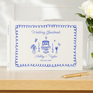 Whimsical Hand Drawn Quirky Blue Wedding Guest Book