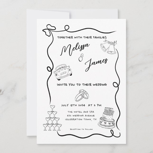 Whimsical Hand Drawn Quirky Wedding Invitation (Front)