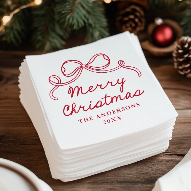 Whimsical Hand-Drawn Red Bow Merry Christmas Napkin (Creator Uploaded)