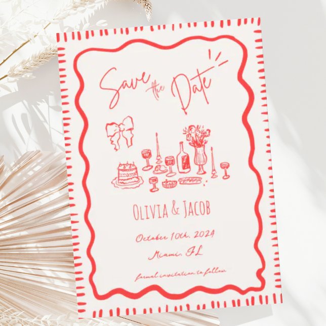 Whimsical Hand Drawn Red Bow Scribble Wavy Wedding Invitation (Creator Uploaded)