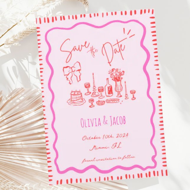 Whimsical Hand Drawn Red Bow Scribble Wavy Wedding Invitation (Creator Uploaded)
