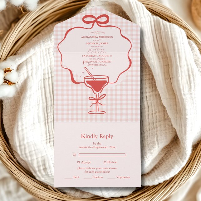Whimsical Hand Drawn Red Bow Wavy Wedding All In One Invitation (Creator Uploaded)