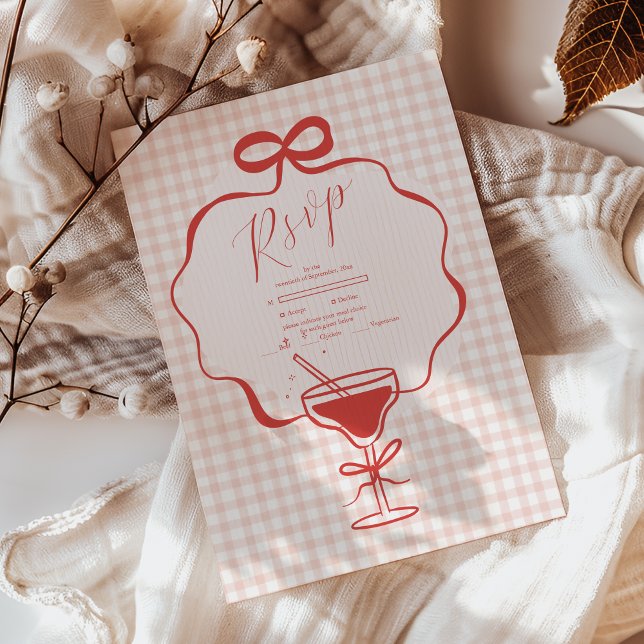 Whimsical Hand Drawn Red Bow Wavy Wedding RSVP Card (Creator Uploaded)