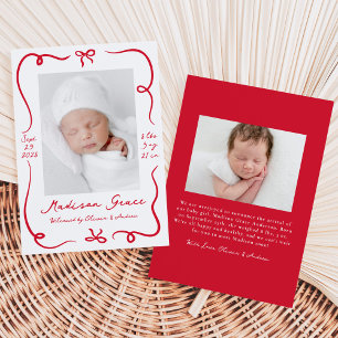 Whimsical Hand-Drawn Red Bows 2 Photo Birth Announcement