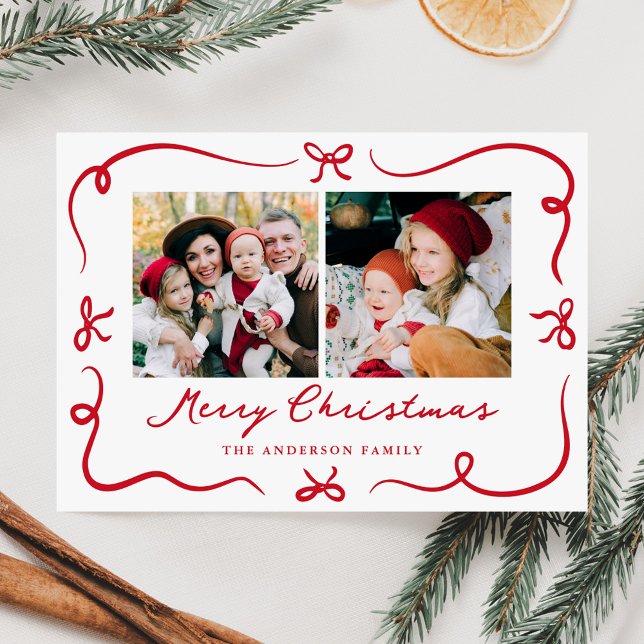 Whimsical Hand-Drawn Red Bows 2 Photo Christmas Holiday Card (Creator Uploaded)