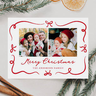 Whimsical Hand-Drawn Red Bows 2 Photo Christmas Holiday Postcard
