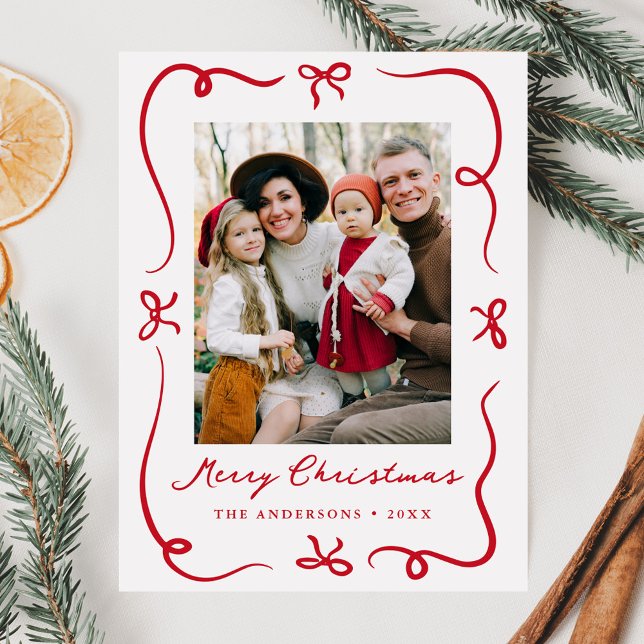 Whimsical Hand-Drawn Red Bows Photo Christmas Holiday Postcard (Creator Uploaded)