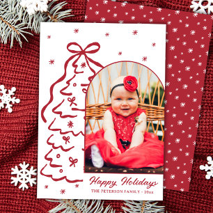 Whimsical Hand-Drawn Red Christmas Tree Arch Photo Holiday Card