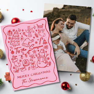 Whimsical Hand Drawn Red Pink Fun Photo Christmas  Holiday Card
