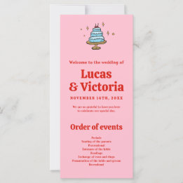 Whimsical Hand Drawn Red & Pink Wedding Program 