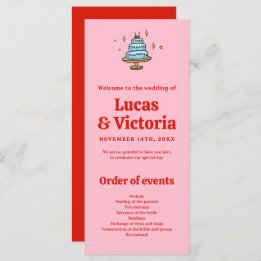 Whimsical Hand Drawn Red & Pink Wedding Program 