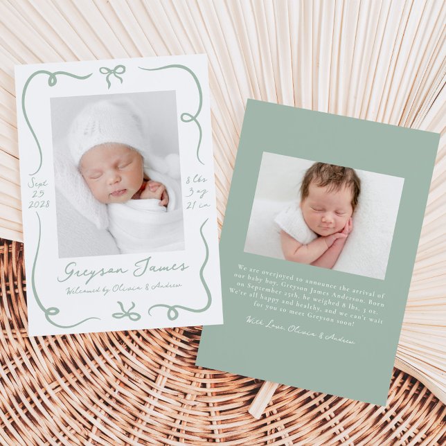 Whimsical Hand-Drawn Sage Green Bows 2 Photo Birth Announcement (Creator Uploaded)