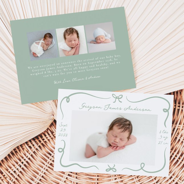 Whimsical Hand-Drawn Sage Green Bows 4 Photo Birth Announcement (Creator Uploaded)