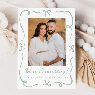 Whimsical Hand-Drawn Sage Green Bows Pregnancy Announcement