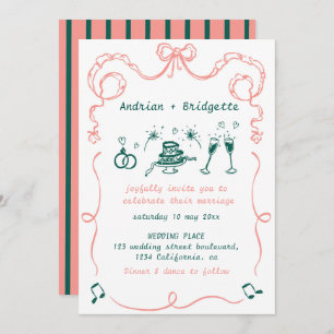 Whimsical Hand Drawn Scribble Bow Wedding Invitation
