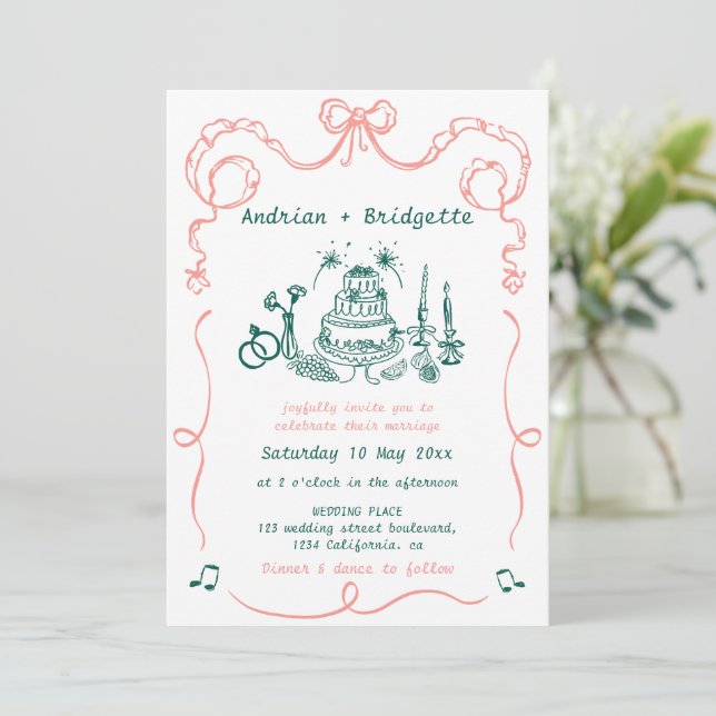 Whimsical Hand Drawn Scribble Bow Wedding Invitation (Standing Front)