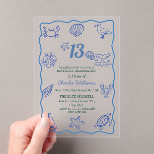 Whimsical Hand Drawn Sea Life 13th Birthday Party Acrylic Invitations