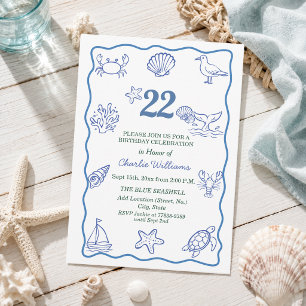 Whimsical Hand Drawn Sea Life 22nd Birthday Party Invitation
