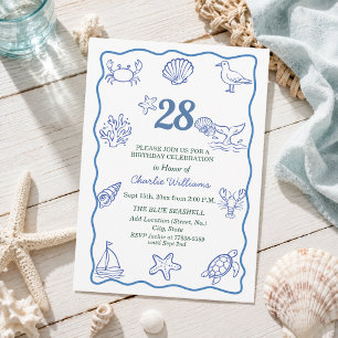 Whimsical Hand Drawn Sea Life 28th Birthday Party Invitation
