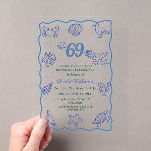 Whimsical Hand Drawn Sea Life 69th Birthday Party Acrylic Invitations