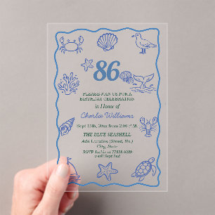 Whimsical Hand Drawn Sea Life 86th Birthday Party Acrylic Invitations