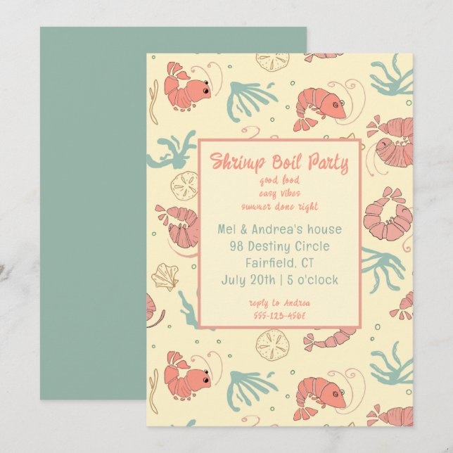 Whimsical Hand Drawn Shrimp Summer Party Invitation (Front/Back)