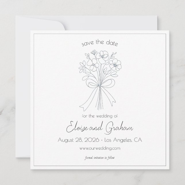 Whimsical Hand Drawn Simple Flower and Bow Wedding Save The Date (Front)