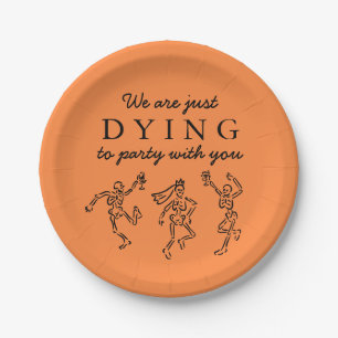 Whimsical Hand Drawn Skeletons Halloween Party Paper Plate