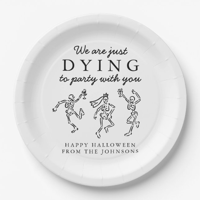 Whimsical Hand Drawn Skeletons Halloween Party Paper Plate (Front)